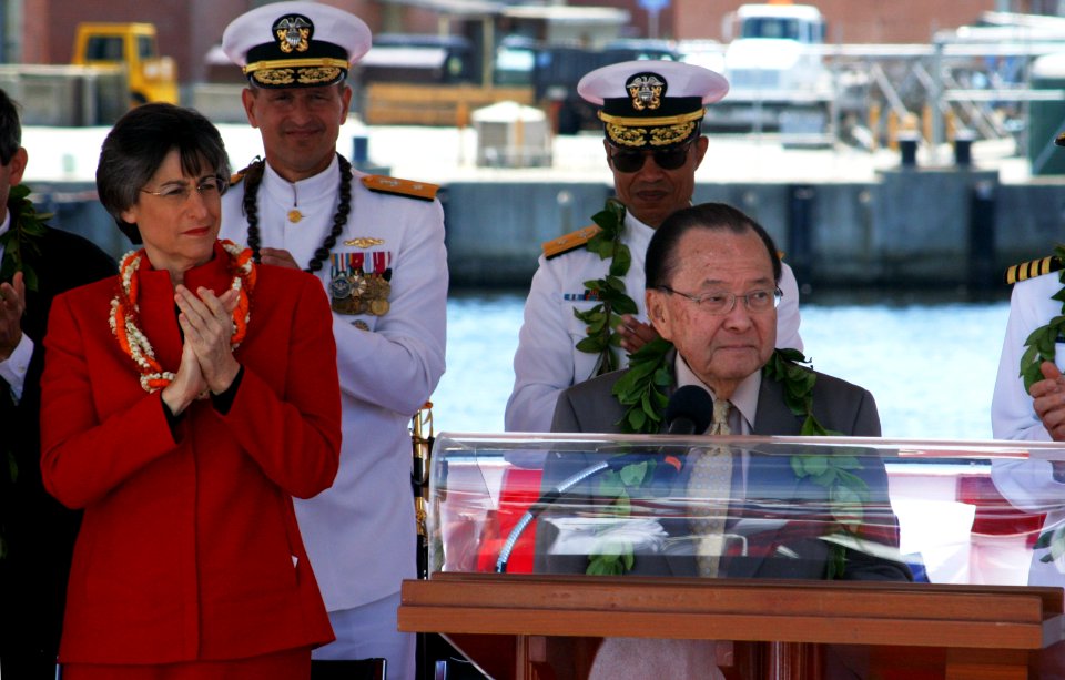 US Navy 070505-N-0653J-003 Sen. Daniel Inouye of Hawaii addresses the crew and audience during the commissioning ceremony for the third Virginia-class submarine USS Hawaii (SSN 776)