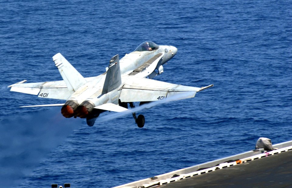 US Navy 070505-N-3038W-180 An F-A-18C Hornet, assigned the Argonauts of Strike Fighter Squadron (VFA) 147, takes off from Nimitz-class aircraft carrier USS John C. Stennis (CVN 74)