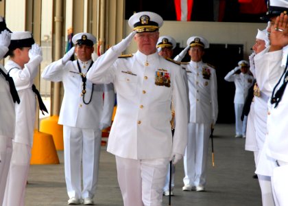 US Navy 070508-N-4965F-003 Commander, U.S. Pacific Fleet, Adm. Gary Roughead, salutes as he's piped through the sideboys during a change of command ceremony
