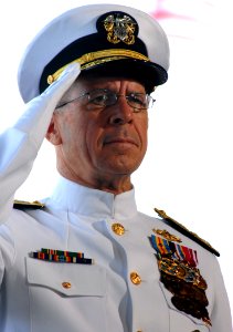 US Navy 070508-N-4965F-007 Chief of Naval Operations (CNO) Adm. Mike Mullen salutes as the U.S. Pacific Fleet Band plays ruffles and flourishes during a change of command ceremony