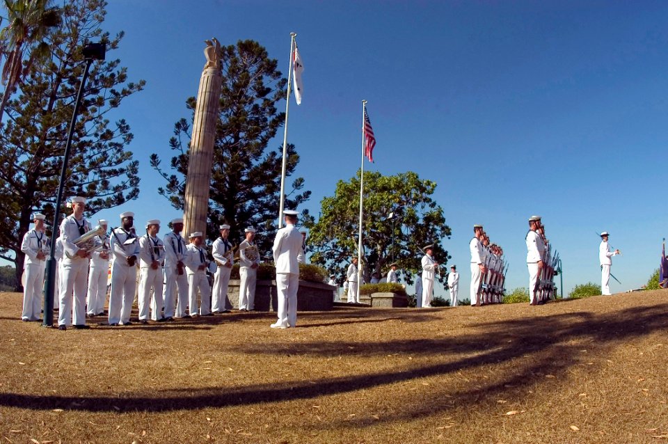 US Navy 070505-N-5253W-001 Members of the 7th Fleet Band, left, and the Australian Guard stand ready to perform at the 65th Commemoration of the Battle of the Coral Sea