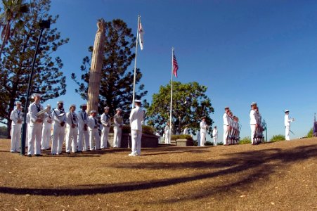 US Navy 070505-N-5253W-001 Members of the 7th Fleet Band, left, and the Australian Guard stand ready to perform at the 65th Commemoration of the Battle of the Coral Sea