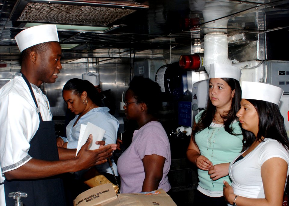 US Navy 070508-N-1786N-015 Culinary Specialist 2nd Class Keevan Haynes talks to culinary students from San Diego High School about how a Navy ship prepares food for more than 1,000 people three times a day