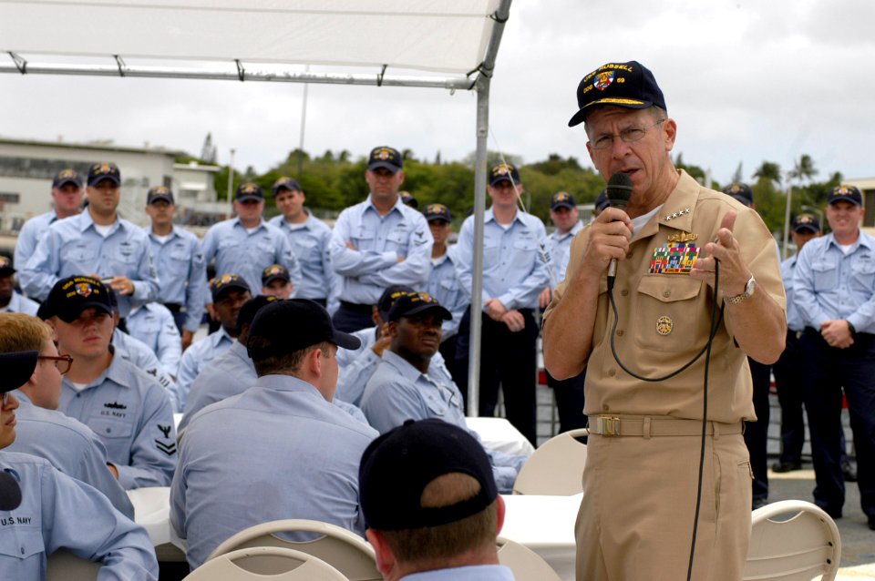 US Navy 070507-N-0696M-183 Chief of Naval Operations (CNO) Adm. Mike Mullen answers questions from the crew of the guided missile destroyer USS Russell (DDG 59) during an all hands call on the fantail
