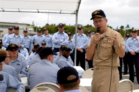 US Navy 070507-N-0696M-183 Chief of Naval Operations (CNO) Adm. Mike Mullen answers questions from the crew of the guided missile destroyer USS Russell (DDG 59) during an all hands call on the fantail