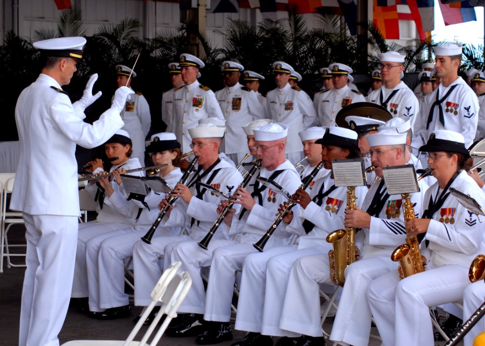 US Navy 070508-N-4965F-001 Sailors assigned to the U.S. Pacific Fleet Band perform for guests during a change of command ceremony for Commander, U.S. Pacific Fleet on board Naval Station Pearl Harbor