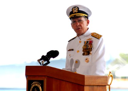 US Navy 070508-N-4965F-019 Chief of Naval Operations (CNO) Adm. Mike Mullen delivers his remarks during a change of command ceremony for Commander, U.S. Pacific Fleet on board Naval Station Pearl Harbor photo
