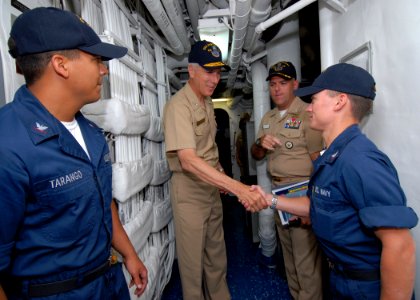 US Navy 070507-N-4965F-003 Commander, U.S. Third Fleet, Vice Adm. Samuel Locklear, greets Sailors assigned to Ticonderoga-class guided missile cruiser USS Port Royal (CG 73) during a tour of the ship at Naval Station Pearl Harb photo