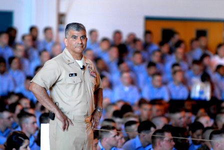 US Navy 070509-N-0696M-148 Master Chief Petty Officer of the Navy (MCPON), Joe R. Campa Jr., listens to a question from a Sailor assigned to Naval Air Station Pensacola, during an all hands call photo