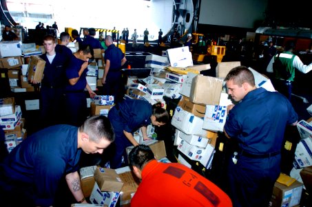 US Navy 070510-N-4420S-081 Sailors work together to sort the mail during replenishment at sea with Military Sealift Command (MSC) fleet replenishment oiler USNS Kanawha (T-AO 196)