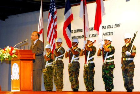 US Navy 070508-N-4124C-022 U.S. Deputy Chief of Missions to Thailand, Alexander A. Arvizu, presents opening remarks at the opening ceremony of Cobra Gold 2007 photo