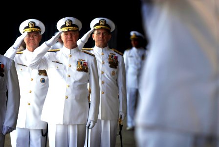 US Navy 070508-N-0696M-013 Commander, Pacific Command, Adm. Timothy J. Keating, outgoing Commander, U.S. Pacific Fleet (COMPACFLT), Adm. Gary Roughhead, and Chief of Naval Operations (CNO) Adm. Mike Mullen salute during the arr