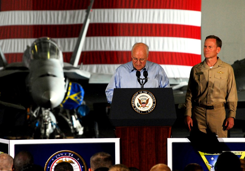 US Navy 070511-N-3729H-129 Vice President Dick Cheney addresses nearly 4,000 Sailors and Marines in the hangar bay aboard Nimitz-class aircraft carrier USS John C. Stennis (CVN 74)