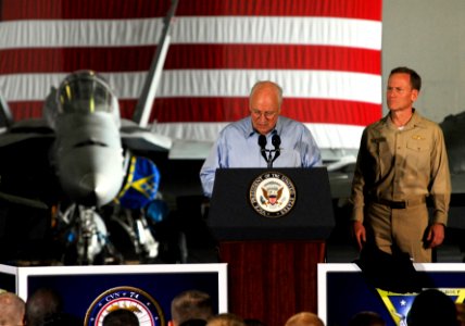 US Navy 070511-N-3729H-129 Vice President Dick Cheney addresses nearly 4,000 Sailors and Marines in the hangar bay aboard Nimitz-class aircraft carrier USS John C. Stennis (CVN 74)