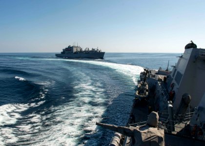 USS Dewey (DDG 105) breaks away from USNS Charles Drew after a replenishment-at-sea. (16249315919)