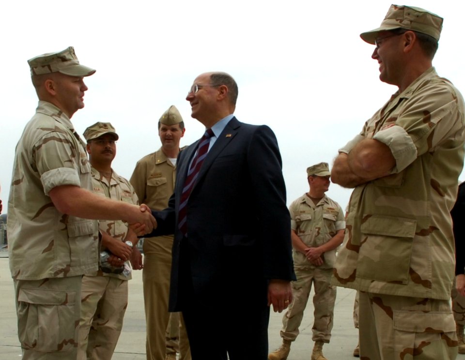 US Navy 070516-N-4163T-059 Secretary of the Navy (SECNAV), The Honorable Dr. Donald Winter, takes the time to personally thank the Sailors of Assault Craft Unit (ACU) 5 and Beach Master Unit (BMU) 1