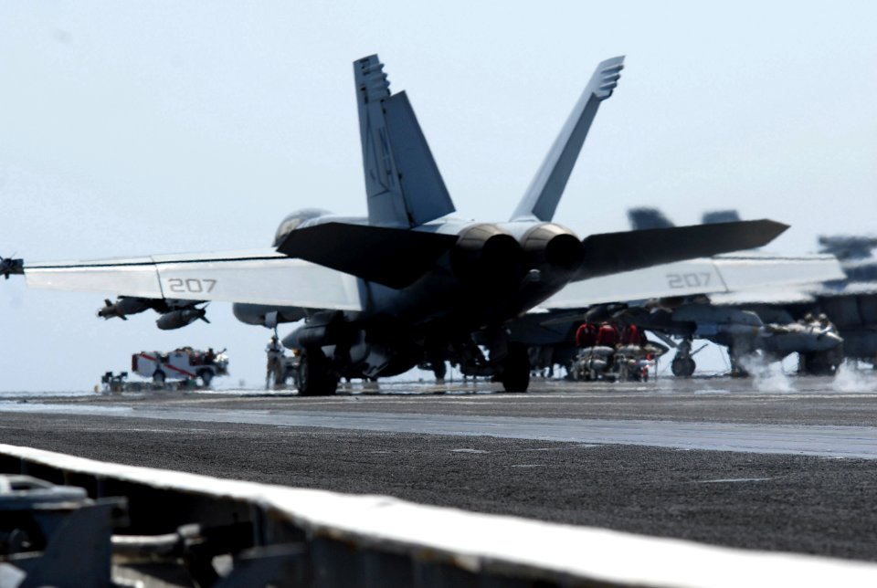 US Navy 070511-N-5484G-195 An F-A-18E Super Hornet assigned to the Tophatters of Strike Fighter Squadron (VFA) 14 launches from the flight deck of the nuclear-powered aircraft carrier USS Nimitz (CVN 68)