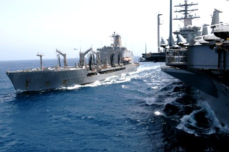 US Navy 070510-N-0890S-036 Military Sealift Command (MSC) fleet replenishment oiler USNS Kanawha (T-AO 196) pulls alongside nuclear-powered aircraft carrier USS Nimitz (CVN 68) prior to performing an underway replenishment (UNR