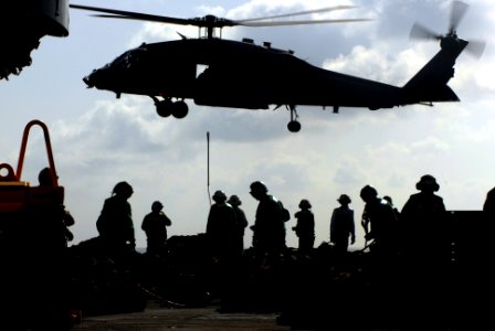 US Navy 070515-N-2659P-181 An HH-60H Seahawk, from the Eightballers of Helicopter Anti-Submarine Squadron (HS) 8, finishes delivering supplies aboard the Nimitz-class aircraft carrier USS John C. Stennis (CVN74)