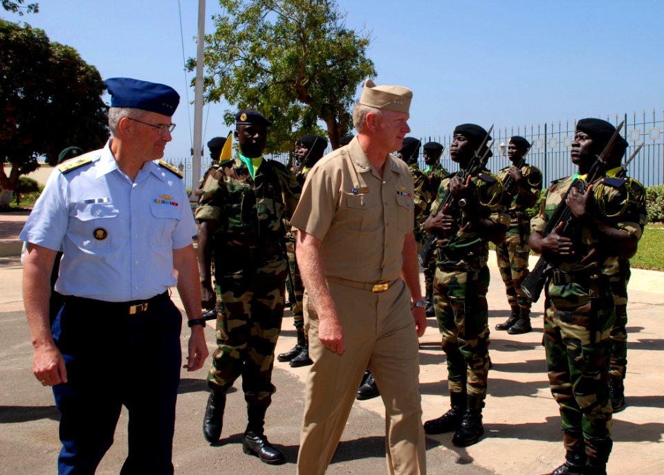 US Navy 070518-N-6544L-002 Commander, U.S. Sixth Fleet Vice Adm. John Stufflebeem and Commander, U.S. Coast Guard Atlantic Area Vice Adm. D. Brian Peterman review a formation of Senegalese soldiers after meeting with Senegal Ch