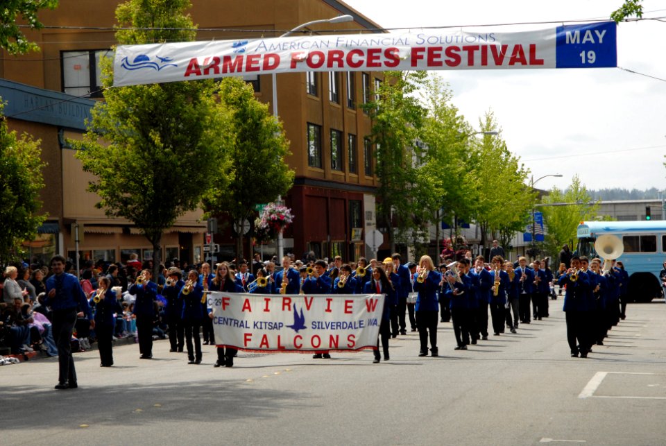US Navy 070519-N-7656R-002 The Fairview Jr. High School Falcons march under the Armed Forces Festival Banner during the 59th Annual Armed Forced Day Parade