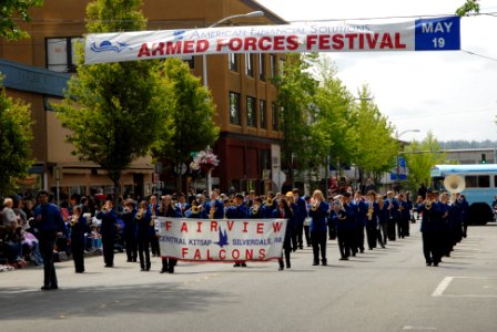US Navy 070519-N-7656R-002 The Fairview Jr. High School Falcons march under the Armed Forces Festival Banner during the 59th Annual Armed Forced Day Parade