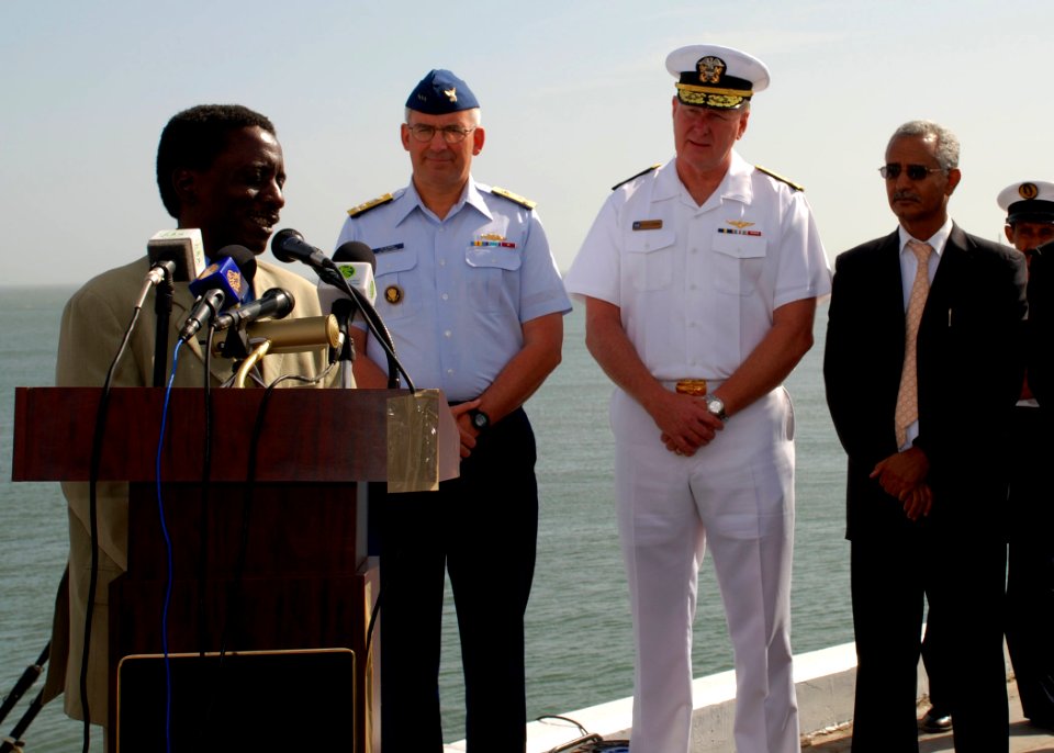 US Navy 070517-N-6544L-001 Commander, U.S. Coast Guard Atlantic Area Vice Adm. D. Brian Peterman and Commander, U.S. Sixth Fleet Vice Adm. John Stufflebeem listen as a member of the Mauritanian port authority discusses maritime