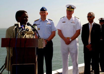 US Navy 070517-N-6544L-001 Commander, U.S. Coast Guard Atlantic Area Vice Adm. D. Brian Peterman and Commander, U.S. Sixth Fleet Vice Adm. John Stufflebeem listen as a member of the Mauritanian port authority discusses maritime