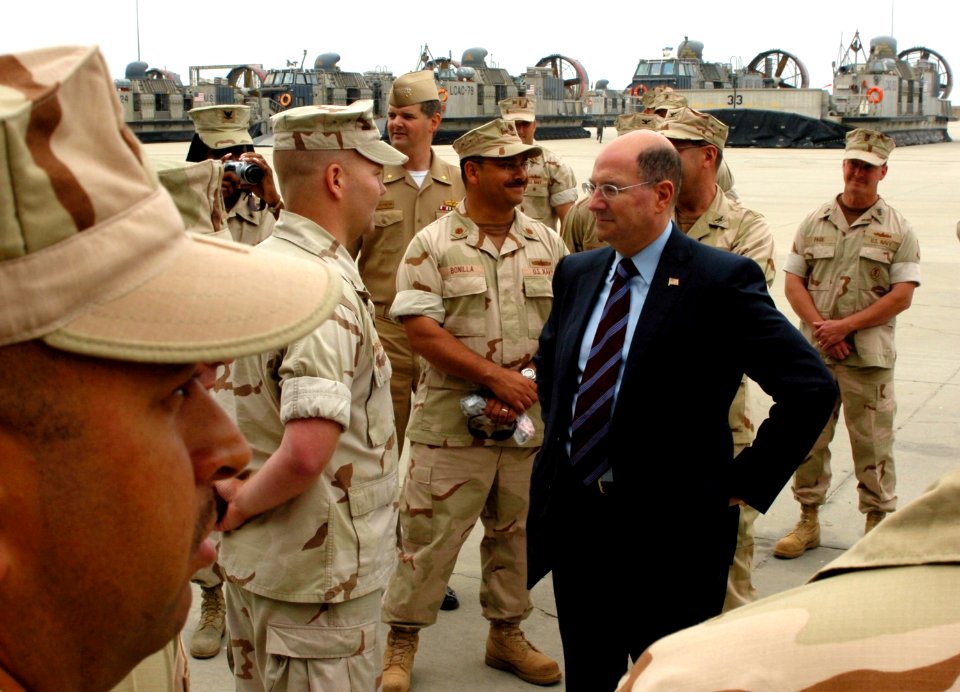 US Navy 070516-N-4163T-051 Secretary of the Navy (SECNAV), The Honorable Dr. Donald Winter, takes the time to personally thank the Sailors of Assault Craft Unit (ACU) 5 and Beach Master Unit (BMU) 1