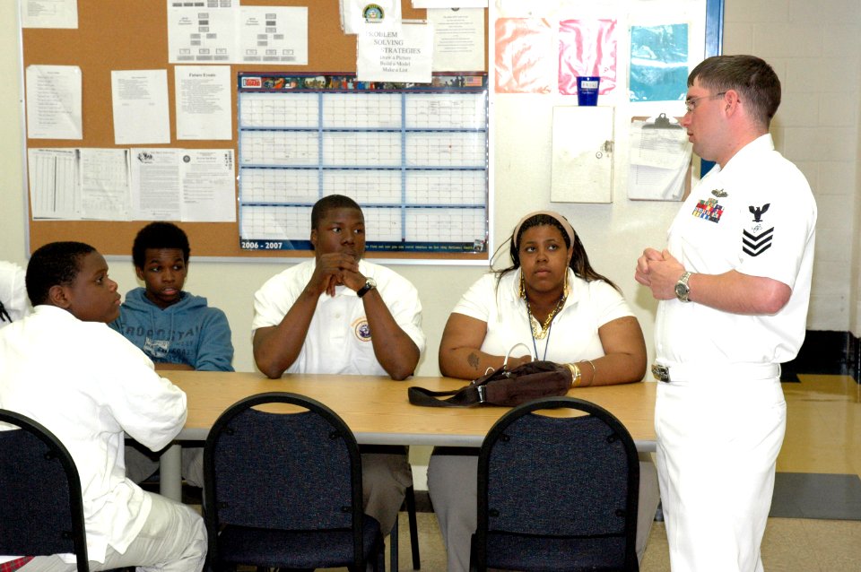 US Navy 070514-N-7975R-007 USS Winston S. Churchill (DDG 81) Electronics Technician 1st Class Josh Weaver speaks about his experiences and provides an overview of career opportunities to students who participate in the JROTC pr