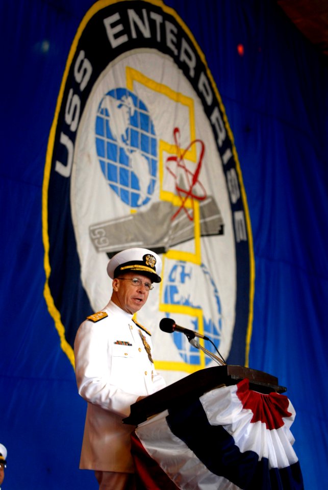 US Navy 070517-N-0696M-052 Chief of Naval Operations (CNO) Adm. Mike Mullen speaks at the change of command ceremony for Commander, U.S. Fleet Forces Command (CFFC) aboard USS Enterprise (CVN 65)