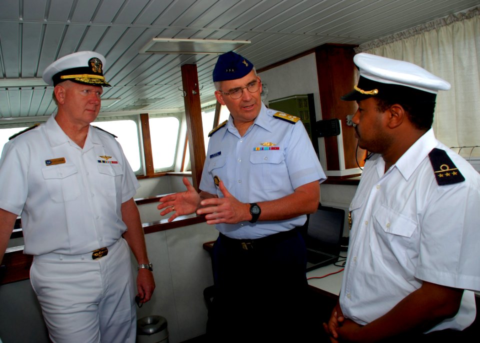 US Navy 070517-N-6544L-002 Commander, U.S. Sixth Fleet Vice Adm. John Stufflebeem and Commander, U.S. Coast Guard Atlantic Area Vice Adm. D. Brian Peterman discuss maritime security with the commanding officer of a Mauritanian