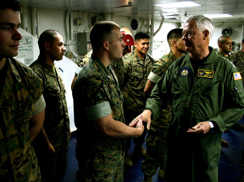 US Navy 070522-N-1328S-002 Commander, U.S. Pacific Command, Adm. Timothy J. Keating, thanks a Marine for his service during his visit to USS Boxer (LHD 4)