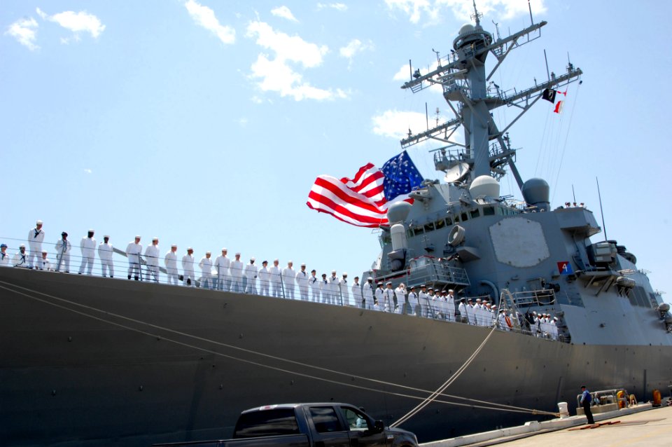 US Navy 070519-N-1713L-027 Sailors man the rails as guided missile destroyer USS Donald Cook (DDG 75) prepares to get underway