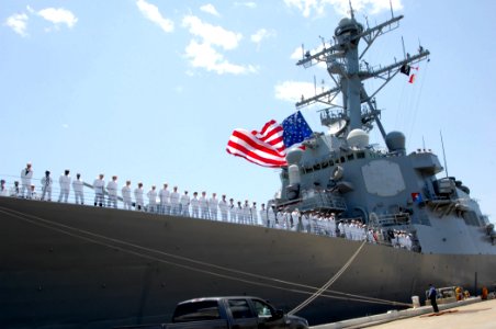 US Navy 070519-N-1713L-027 Sailors man the rails as guided missile destroyer USS Donald Cook (DDG 75) prepares to get underway