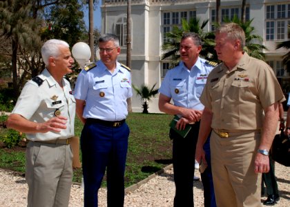 US Navy 070518-N-6544L-001 Commander, U.S. Sixth Fleet Vice Adm. John Stufflebeem and Commander, U.S. Coast Guard Atlantic Area Vice Adm. D. Brian Peterman discuss country roles and the benefits of partnering on regional initia