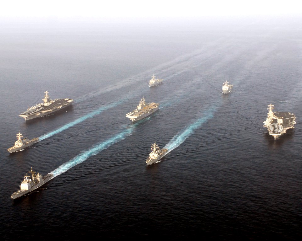 US Navy 070522-N-8157C-552 Ships assigned to the John C. Stennis Carrier Strike Group, Nimitz Carrier Strike Group, and the Bonhomme Richard Expeditionary Strike Group transits through the Gulf of Oman