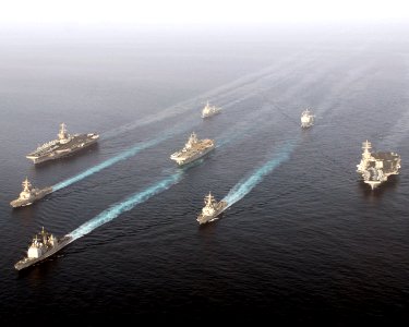 US Navy 070522-N-8157C-552 Ships assigned to the John C. Stennis Carrier Strike Group, Nimitz Carrier Strike Group, and the Bonhomme Richard Expeditionary Strike Group transits through the Gulf of Oman