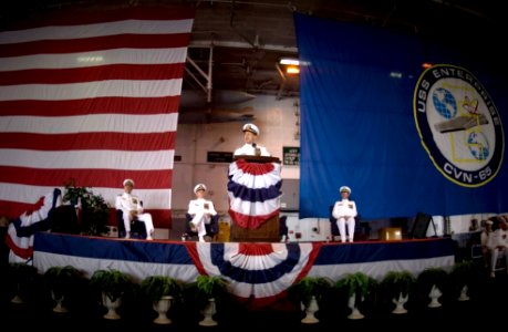 US Navy 070517-N-0696M-307 Chief of Naval Operations (CNO) Adm. Mike Mullen speaks at the change of command ceremony for Commander, U.S. Fleet Forces Command (CFFC) aboard USS Enterprise (CVN 65)