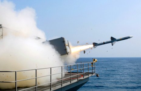 US Navy 070521-N-5345W-053 A RIM-7 NATO Sea Sparrow missile launches toward its target during a live-fire self-defense exercise aboard the Nimitz-class aircraft carrier USS Harry S. Truman (CVN 75)