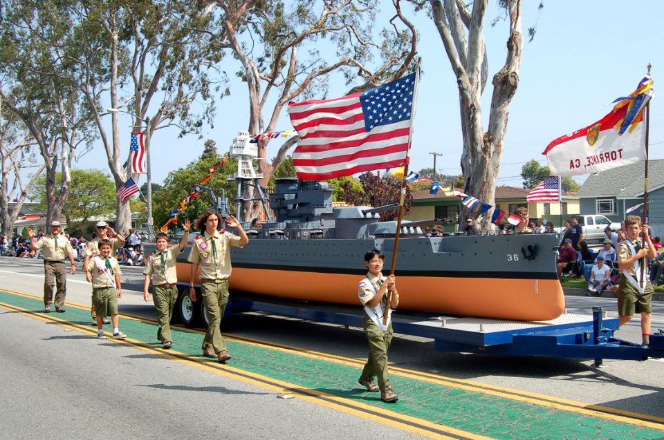 US Navy 070519-N-9706M-006 Boy Scout Troop 948 from Long Beach, Calif., marches alongside the replica of the USS Nevada (BB-36) at the 48th Annual City of Torrance Armed Forces Day Parade