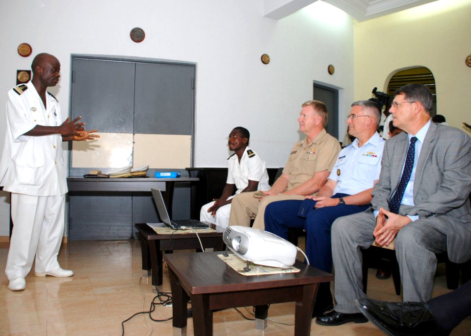 US Navy 070521-N-6544L-001 Commander, U.S. Sixth Fleet Vice Adm. John Stufflebeem, Commander, U.S. Coast Guard Atlantic Area Vice Adm. D. Brian Peterman and U.S Ambassador to Togo David Dunn listen to a presentation given on na