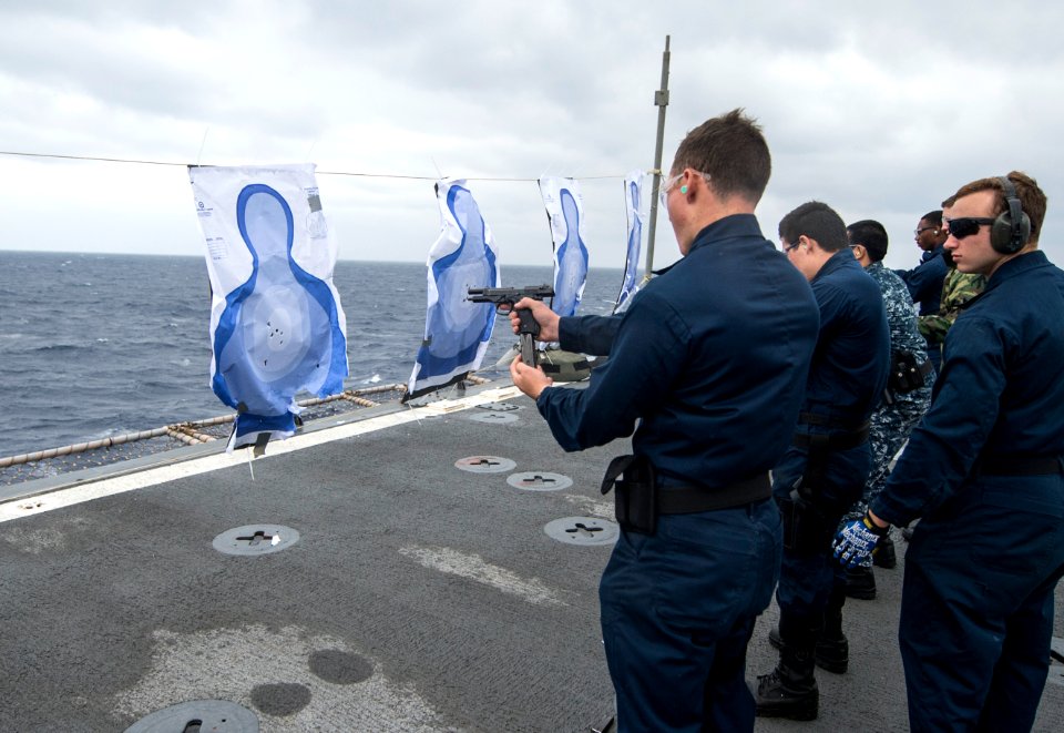 USS Denver sailors conduct small-arms qualification 140424-N-ZU025-049