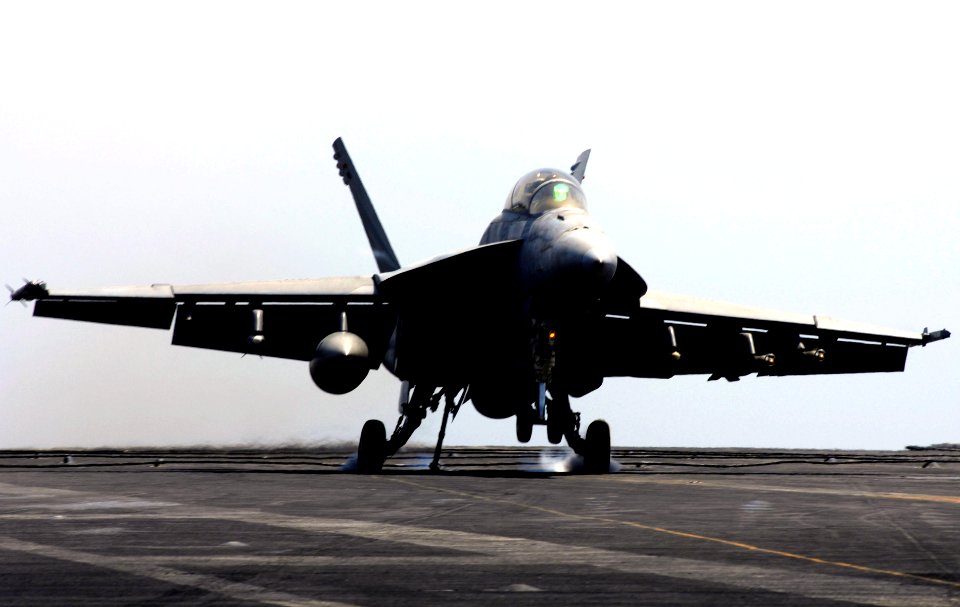 US Navy 070521-N-3729H-033 An F-A-18F Super Hornet from the Black Knights of Strike Fighter Squadron (VFA) 154 lands on the flight deck of the Nimitz-class aircraft carrier USS John C. Stennis (CVN 74)