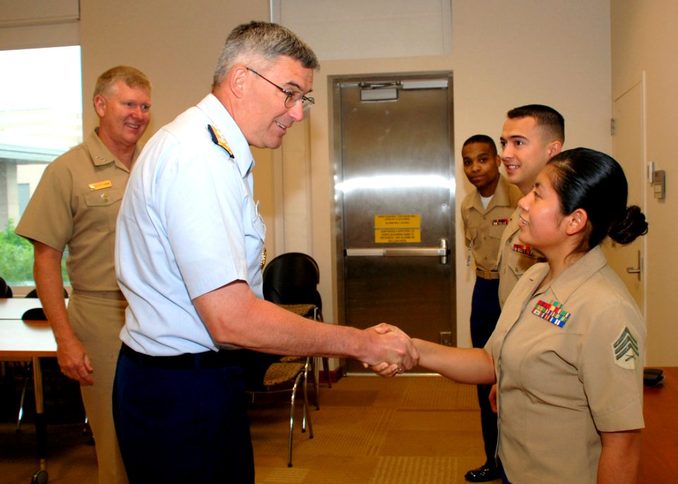 US Navy 070521-N-6544L-006 Commander, U.S. Coast Guard Atlantic Area Vice Adm. D. Brian Peterman and Commander, U.S. Sixth Fleet Vice Adm. John Stufflebeem meet with Marines from the Marine Security Detachment at the U.S. Embassy