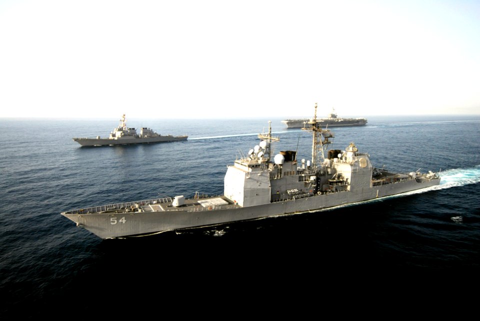 US Navy 070522-N-8157C-472 USS Antietam (CG 54), USS O'Kane (DDG 77) and USS John C. Stennis (CVN 74) transits through the Gulf of Oman