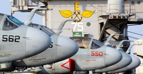 US Navy 070521-N-5345W-017 EA-6B Prowlers rest on the flight deck of Nimitz-class aircraft carrier USS Harry S. Truman (CVN 75)