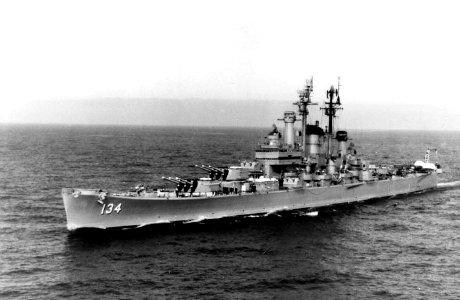 USS Des Moines (CA-134) underway at sea, circa in the late 1950s