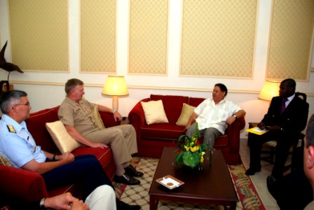 US Navy 070523-N-6544L-006 Vice Adm. John Stufflebeem (center right), commander, U.S. Sixth Fleet and Vice Adm. D. Brian Peterman (right), commander, U.S. Coast Guard Atlantic Area meet with Sao Tome President Fradique de Menez