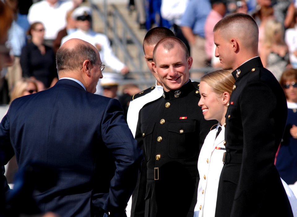 US Navy 070525-N-3642E-041 Secretary of the Navy (SECNAV) The Honorable Dr. Donald C. Winter congratulates honor graduates before the start of the U.S. Naval Academy class of 2007 Graduation